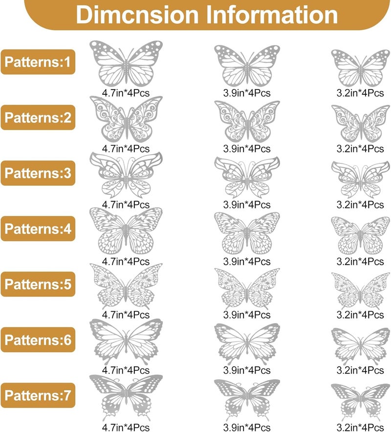 Rindion 84PCS 3D Butterfly Decorations, 3 Sizes 7 Styles Butterfly Wall Decor Silver Butterflies Decorations for Cake, Butterflies Party, Birthday, Wall - Image 2